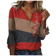 Blouses for Women Clearance Fashion Woman V Neck Three Quarter 3/4Sleeve T Shirt AutumnBlouse Tops Sweatshirt